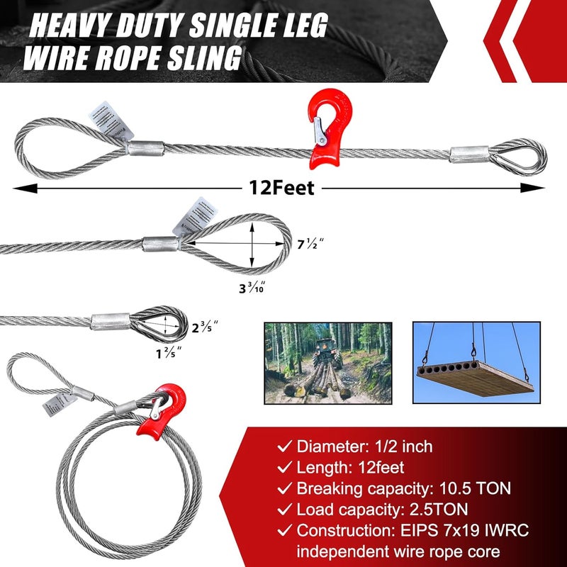 FITHOIST Single Leg Wire Rope Sling, 10.3T Steel Log Choker Cable Rigging 12FT, 1/2" Flemish Loop to Heavy-Duty Thimble with Sliding Choker, Heavy Duty Rigging Cable for Lifting and Towing - Image 3